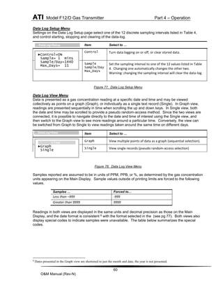 ATI Model F12/D Gas Transmitter Part 4 – Operation
60
O&M Manual (Rev-N)
Data Log Setup Menu
Settings on the Data Log Setup page select one of the 12 discrete sampling intervals listed in Table 4,
and control starting, stopping and clearing of the data-log.
Figure 77. Data Log Setup Menu
Data Log View Menu
Data is presented as a gas concentration reading at a specific date and time and may be viewed
collectively as points on a graph (Graph), or individually as a single text record (Single). In Graph view,
readings are presented sequentially in time when scrolling the up and down keys. In Single view, both
the date and time may be scrolled to provide a pseudo random-access method. Since the two views are
connected, it is possible to navigate directly to the date and time of interest using the Single view, and
then switch to the Graph view to see more readings around a particular time. Conversely, the view can
be switched from Graph to Single to view readings taken around the same time on different days.
Figure 78. Data Log View Menu
Samples reported are assumed to be in units of PPM, PPB, or %, as determined by the gas concentration
units appearing on the Main Display. Sample values outside of printing limits are forced to the following
values.
Samples … Forced to…
Less than –999 -999
Greater than 9999 9999
Readings in both views are displayed in the same units and decimal precision as those on the Main
Display, and the date format is consistent 8 with the format selected in the (see pg 77). Both views also
display special codes to indicate samples were unavailable. The table below summarizes the special
codes.
8
Dates presented in the Graph view are shortened to just the month and date, the year is not presented.
Item Select to …
Control Turn data logging on or off, or clear stored data.
Sample
Sample/Day
Max_Days
Set the sampling interval to one of the 12 values listed in Table
4. Changing one automatically changes the other two.
Warning: changing the sampling interval will clear the data-log.
Item Select to …
Graph View multiple points of data as a graph (sequential selection).
Single View single records (pseudo random-access selection)
►Control=ON
Sample= 1 mins
Sample/Day=1440
Max_Days= 11
…DataLog>Setup
View
►Graph
Single
…DataLog>View
 