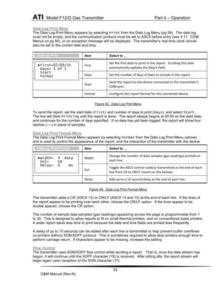 ATI Model F12/D Gas Transmitter Part 4 – Operation
63
O&M Manual (Rev-N)
Data Log Print Menu
The Data Log Print Menu appears by selecting Print from the Data Log Menu (pg 59). The data log
must not be empty, and the communication protocol must be set to ASCII before entry (see 4.11 COM
Menus on pg 66), or an exception message will be displayed. The transmitter’s real time clock should
also be set to the correct date and time.
Figure 83. Data Log Print Menu
To send the report, set the start date (First) and number of days to print (Days), and select Start.
The line will blink Printing until the report is done. The report always begins at 00:00 on the start date,
and continues for the number of days specified. If no data has yet been logged, the report will show four
dashes (----) in place of samples.
Data Log Print Format Menu
The Data Log Print Format Menu appears by selecting Format from the Data Log Print Menu (above)
and is used to control the appearance of the report, and the interaction of the transmitter with the device.
Figure 84. Data Log Print Format Menu
The transmitter adds a CR (ASCII 13) or CR/LF (ASCII 13 and 10) at the end of each line. If the lines of
the report appear to be printing over each other, choose the CR/LF option. If the lines appear to be
double spaced, choose the CR option.
The number of sample data samples (gas readings) appearing across the page is programmable from 1
to 30. This is designed to allow reports to fit on small thermal printers, and on conventional sized printers.
A wider report takes less time to print because the date and time fields are printed less frequently.
A delay of up to 10 seconds can be added after each line is transmitted to help prevent buffer overflows
on printers without XON/XOFF protocol. This is sometimes required to allow slow printers enough time to
perform carriage return. If characters appear to be missing, increase the setting.
Flow Control
The transmitter uses XON/XOFF flow control while sending a report. That is, once the data stream has
begun, it will continue until the XOFF character (19) is received. After sitting idle, the report stream will
begin again upon reception of the XON character (17).
Item Select to …
First
Set the first date to print in the report. Scrolling this date
automatically updates the Days field.
Days Set the number of days of data to include in the report.
Start
Send the report to the device connected to the transmitter’s
COM port.
Format Configure the report format for the connected device.
Item Select to …
Width
Change the number of data samples (gas readings) printed on
each line.
Eol
Toggle the ASCII control code(s) transmitted at the end of each
line from CR to CR/LF (more on this below).
Delay Add up to a 10 second delay at the end of each line.
►First=07/09/14
Days= 1 of 2
Start
Format
…DataLog >Print
►Width= 4 data
Eol= CR
Delay= 0 ms
…DataLog >Print>Format
 