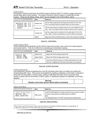 ATI Model F12/D Gas Transmitter Part 4 – Operation
65
O&M Manual (Rev-N)
4-20mA Menu
During alarm inhibit and Auto-test, the 4-20mA output is fixed at 4.0mA (17.4mA for oxygen sensors) to
prevent false alarms at the receiver. The output is forced to 3.6mA to signal a Trouble alarm to the
receiver. These are the default values, which may be changed in the 4-20mA Menu, below.
Figure 87. 4-20mA Menu
4-20mA Adjust Menu
These methods permit adjustment of the 4-20mA output and provide a way to force it to a fixed value to
test receiver alarms. They do not affect the computed gas concentration reading.
Figure 88. 4-20mA control page
4-20mA Adjustment
Loop adjustment consists of adjusting the 4 and 20 mA levels (order does not matter) by scrolling the
corresponding DAC value. This may be accomplished by reading a calibrated current meter connected in
series with the transmitter’s 4-20mA output, reading a calibrated volt meter across a precision load
resistor in series with the transmitter’s 4-20mA output, or reading the display of a calibrated, current loop
receiver9.
Adjust 4mA Menu
Figure 89. Adjust 4mA Menu
9
When using a current loop receiver, make certain the reading is not limited to 20mA by hardware or programming. If
so, adjust the reading first to 19.5mA, then slowly increase it to 20.0mA.
Item Select to …
Autotst mA
Set the fixed output level during Auto-test (4.0 to 22.0 mA).
This is normally 4.0mA to prevent alarms at the receiver.
Inhibit mA
Set the output level to indicate alarms are not enabled (4 to 22
mA). This is normally 4.0mA to prevent alarms at the receiver.
Trouble mA
Set the output level to indicate the Trouble alarm (3.5 to 3.8
mA). Note: 3.5mA not allowed on 2-wire 4-20mA connection.
Adjust Adjust the 4mA and 20mA levels, or force the output for testing.
Item Select to …
Adjust 4mA Adjust the 4mA analog output level.
Adjust 20mA Adjust the 20mA analog output level.
Force
Force the 4-20mA output to a fixed level between 3.5 and
22.0 mA. Displays the real time value when not selected.
Item Select to …
DAC Count
Scroll the DAC (digital-to-analog converter) count up to increase
or down to decrease the analog output to 4.00mA.
Note
The displayed value is “as left” by the previous adjustment.
Warning:
Disable current loop receiver alarms before proceeding.
►Autotst mA= 4.0
Inhibit mA= 4.0
Trouble mA= 3.6
Adjust
…I/O>4-20mA
►Adjust 4mA
Adjust 20mA
Force= 4.0mA
…4-20mA >Adjust
Adjust 4mA
Monitor the …
►DAC Count=412
…4-20mA>Adjust>Adjust 4mA
 