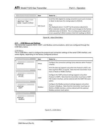 ATI Model F12/D Gas Transmitter Part 4 – Operation
66
O&M Manual (Rev-N)
Figure 90. Adjust 20mA Menu
4.11 COM Menus and Settings
The transmitter supports ASCII, HART, and Modbus communications, which are configured through the
COM Menu below.
COM Menu
The is COM Menu used to configure the protocol and connection settings of the serial COM interface, and
varies slightly, depending on the factory configured protocol.
Figure 91. COM Menu
Item Select to …
DAC Count
Scroll the DAC (digital-to-analog converter) count up to increase
or down to decrease the analog output to 20.0mA.
Note
The displayed value is “as left” by the previous adjustment.
When selected, however, the DAC count changes to the factory
calibrated value of 20.0mA. This is to help prevent adjustment
errors caused by 4-20mA receivers that limit readings to 20mA.
Item Select to …
Setup
Configure the connection settings (only selection when Protocol
is None).
Print
Print the data log (appears only when the Protocol is ASCII, see
Data Log Print Menu on pg 63). Note that the transmitter must
have an RS232 or RS485 interface.
HART
Configure the HART protocol settings (appears only when
Protocol is HART). Note that the transmitter must have a HART
FSK modem interface, and be ordered with the HART FSK stack
option.
Modbus
Configure the Modbus protocol settings (appears only when
Protocol is Modbus). Note that the transmitter must have an
RS232 or RS485 interface, and be ordered with the optional
Modbus protocol stack option.
Adjust 20mA
Monitor the …
►DAC Count=13512
…4-20mA>Adjust>Adjust 4mA
COM
►Setup
Print
Menu>Setup>I/O>COM
COM
►Setup
HART
Menu>Setup>I/O>COM
COM
►Setup
Modbus
Menu>Setup>I/O>COM
COM
►Setup
Menu>Setup>I/O>COM
 