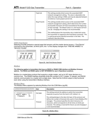 ATI Model F12/D Gas Transmitter Part 4 – Operation
69
O&M Manual (Rev-N)
HART Find Device
Selecting Find-Me presents a special page that remains until the master device issues a “Find Device”
command to the transmitter, at which point, line 1 of the display changes from “FIND ME ARMED” to
“DEVICE FOUND”.
Figure 95. Hart Find-Device Display
Modbus
The following applies to transmitters that have an RS232 or RS485 COM interface and Modbus firmware
options. The RS232 and RS485 option is NOT INTENDED for use in Hazardous Locations.
Modbus is a master/slave protocol that supports a single master, and up to 247 slave devices on a
common bus. The RS485 interface physically limits this number to 32 (1 master, 31 slaves), and RS232
restricts communication to a master and a single slave. Note that the 4-20mA output is fully functional
even when using the transmitter’s Modbus interface.
Modbus Menu
The Modbus Menu appears by selecting Modbus from the COM Menu (pg 66).
Figure 96. Modbus Menu
Fixed mA This setting provides direct access the associated HART
network management setting. The value is adjustable only
when the Loop setting is FIXED, and may be adjusted between
3.5 (4mA on 2-wire power) and 22 mA.
Resp Preamb This setting provides direct access to the associated HART
network management setting, which determines the number
of preamble characters (FF hex) transmitted at the beginning
of each message. The default value is 5, and may be set from
3 to 20. Changing this setting is not recommended.
Find-Me This method places the transmitter into a mode that causes
the transmitter to respond to the Find Device command. This
is used by personnel identify transmitter in the field. The
method is describe below.
Item Description
Poll Addr
This setting controls the address to which the transmitter
responds to queries from the host (1-247, default =1).
Timeout
This setting belongs to the data-link layer of the protocol and
defines the number of character bits used to frame Modbus RTU
messages. The protocol specifies the silent interval as 3.5
characters, which corresponds to 35 bit-times at 10 bits per
character. This setting is reserved for future use and changing it
is not recommended.
FIND ME ARMED
ESC Key to exit
a) Find Me Page
DEVICE FOUND
ESC Key to exit
b) Device Found Page
Modbus
►Poll Addr= 1
Timeout= 35
Menu>Setup>I/O>COM>Modbus
 