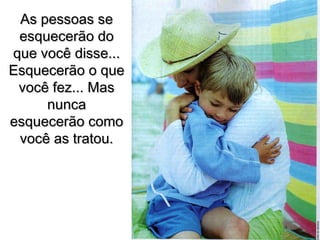 As pessoas seAs pessoas se
esquecerão doesquecerão do
que você disse...que você disse...
Esquecerão o queEsquecerão o que
você fez... Masvocê fez... Mas
nuncanunca
esquecerão comoesquecerão como
você as tratou.você as tratou.
 
