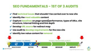 SEO FUNDAMENTALS - 1ST OF 3 AUDITS
✔ Find technical issues that shouldn’t be carried over to new site
✔ Identify the most valuable content
✔ Capture baselines on page speed/performance, types of URLs, site
structure, internal linking and link depth
✔ Develop URL source for redirect map
✔ Use audit to develop requirements for the new site
✔ Identify low value content for removal
Copyright 2023 All rights reserved Confidential
@clarktaylor
 