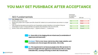YOU MAY GET PUSHBACK AFTER ACCEPTANCE
Me: Some URLs in the staging site are mixed case (a combination of
uppercase and lowercase)
Developer: This is a non-issue. Look at any other major website, such
as amazon.com. No one types URLs by hand… this is silly.
Me: This requirement is not because people enter URLs by hand. It is
because Google will treat uppercase and lowercase URLs as unique
indexable URLs, causing confusing on which URL it should rank.
Copyright 2023 All rights reserved Confidential
@clarktaylor
 