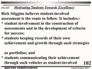 © Ken O’Connor, 2013
Fix #15 Motivating Students Towards Excellence
Rick Stiggins believes student-involved
assessment is the route to follow. It includes:-
* student involvement in the construction of
assessments and in the development of criteria
for success;
* students keeping records of their own
achievement and growth through such strategies
as portfolios; and
* students communicating their achievement
through such vehicles as student-involved
parent conferences
102
 