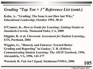 © Ken O’Connor, 2013
Grading “Top Ten + 1” Reference List (cont.)
Kohn, A., “Grading: The Issue is not How but Why,”
Educational Leadership, October 1994, 38-41
O’Connor, K., How to Grade for Learning: Linking Grades to
Standards.Corwin, Thousand Oaks, CA, 2009
Stiggins, R. et al, Classroom Assessment for Student Learning,,
ETS, Portland, 2004
Wiggins, G., “Honesty and Fairness: Toward Better
Grading and Reporting” in Guskey, T. R. (Editor),
Communicating Student Learning: The ASCD Yearbook, 1996,
Alexandria, VA, 1996, 141-177
Wormeli, R. Fair Isn’t Equal, Stenhouse/NMSA, 2006
105
 
