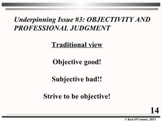 © Ken O’Connor, 2013
Underpinning Issue #3: OBJECTIVITY AND
PROFESSIONAL JUDGMENT
Traditional view
Objective good!
Subjective bad!!
Strive to be objective!
14
 