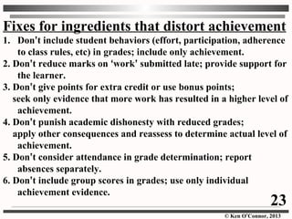© Ken O’Connor, 2013
Fixes for ingredients that distort achievement
1. Don’t include student behaviors (effort, participation, adherence
to class rules, etc) in grades; include only achievement.
2. Don’t reduce marks on ‘work’ submitted late; provide support for
the learner.
3. Don’t give points for extra credit or use bonus points;
seek only evidence that more work has resulted in a higher level of
achievement.
4. Don’t punish academic dishonesty with reduced grades;
apply other consequences and reassess to determine actual level of
achievement.
5. Don’t consider attendance in grade determination; report
absences separately.
6. Don’t include group scores in grades; use only individual
achievement evidence.
23
 