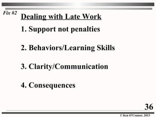 © Ken O’Connor, 2013
Dealing with Late Work
1. Support not penalties
2. Behaviors/Learning Skills
3. Clarity/Communication
4. Consequences
Fix #2
36
 