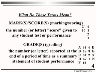 © Ken O’Connor, 2013
What Do These Terms Mean?
the number (or letter) reported at the
end of a period of time as a summary
statement of student performance
GRADE(S) (grading)
the number (or letter) "score" given to
any student test or performance
MARK(S)/SCORE(S) (marking/scoring)
7/ 4
10 3
2
1
A 91 4 E
B 78 3 G
C 64 2 S
D 57 1 N
F 42
4
 