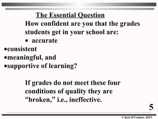 © Ken O’Connor, 2013
The Essential Question
How confident are you that the grades
students get in your school are:
• accurate
• consistent
• meaningful, and
• supportive of learning?
If grades do not meet these four
conditions of quality they are
“broken,” i.e., ineffective.
5
 