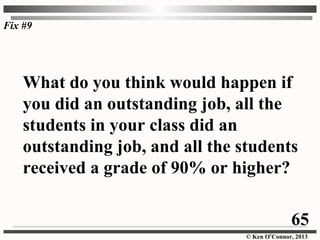 © Ken O’Connor, 2013
What do you think would happen if
you did an outstanding job, all the
students in your class did an
outstanding job, and all the students
received a grade of 90% or higher?
Fix #9
65
 