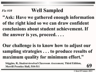 © Ken O’Connor, 2013
“Ask: Have we gathered enough information
of the right kind so we can draw confident
conclusions about student achievement. If
the answer is yes, proceed. . . .
Our challenge is to know how to adjust our
sampling strategies . . . to produce results of
maximum quality for minimum effort.”
Stiggins, R, Student-involved Classroom Assessment, Third Edition,
Merrill Prentice Hall, 510-511
Fix #10 Well Sampled
69
 