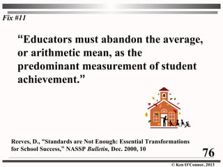 © Ken O’Connor, 2013
“Educators must abandon the average,
or arithmetic mean, as the
predominant measurement of student
achievement.”
Reeves, D., “Standards are Not Enough: Essential Transformations
for School Success,” NASSP Bulletin, Dec. 2000, 10
Fix #11
76
 