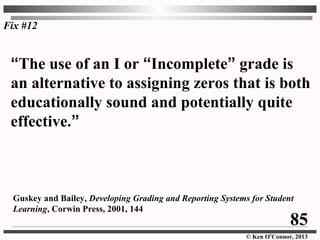 © Ken O’Connor, 2013
“The use of an I or “Incomplete” grade is
an alternative to assigning zeros that is both
educationally sound and potentially quite
effective.”
Guskey and Bailey, Developing Grading and Reporting Systems for Student
Learning, Corwin Press, 2001, 144
Fix #12
85
 