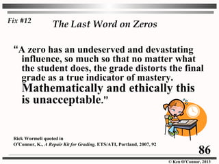 © Ken O’Connor, 2013
The Last Word on Zeros
“A zero has an undeserved and devastating
influence, so much so that no matter what
the student does, the grade distorts the final
grade as a true indicator of mastery.
Mathematically and ethically this
is unacceptable.”
Rick Wormeli quoted in
O’Connor, K., A Repair Kit for Grading, ETS/ATI, Portland, 2007, 92
Fix #12
86
 