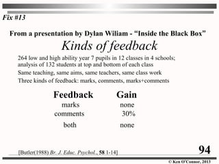 © Ken O’Connor, 2013
Kinds of feedback
264 low and high ability year 7 pupils in 12 classes in 4 schools;
analysis of 132 students at top and bottom of each class
Same teaching, same aims, same teachers, same class work
Three kinds of feedback: marks, comments, marks+comments
[Butler(1988) Br. J. Educ. Psychol., 58 1-14]
Feedback Gain
marks none
comments 30%
both none
From a presentation by Dylan Wiliam - “Inside the Black Box”
Fix #13
94
 