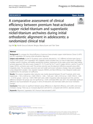 RESEARCH Open Access
A comparative assessment of clinical
efficiency between premium heat-activated
copper nickel-titanium and superelastic
nickel-titanium archwires during initial
orthodontic alignment in adolescents: a
randomized clinical trial
Ezgi Atik*
, Hande Gorucu-Coskuner, Bengisu Akarsu-Guven and Tulin Taner
Abstract
Background: To compare the clinical efficiency of premium heat-activated copper nickel-titanium (Tanzo Cu-NiTi)
and NT3 superelastic NiTi during initial orthodontic alignment.
Subject and methods: A total of 50 patients were randomly allocated to 1 of 2 different archwire types (group 1,
Tanzo Cu-NiTi; group 2, NT3 superelastic NiTi). Eligibility criteria included Class I or Class II malocclusion, moderate
maxillary anterior crowding, and healthy periodontal condition. Impressions of the upper arches were taken before
archwire placement (T0) and at every 4 weeks (T1, T2, T3, and T4). For T1 and T2 stages, 0.014-in., and for T3 and T4
stages, 0.018-in. archwires were used. The primary outcome was the alignment efficiency assessed using Little’s
irregularity index. The secondary outcomes were arch width and incisor inclination changes. Data were analyzed
using independent samples t test, repeated measures ANOVA, and Mann-Whitney U test. Marginal models were
established for the estimation of coefficients.
Results: The anterior irregularity index reduction was mostly observed between T0 and T2 periods, which were
respectively − 7.40 ± 0.50 mm (p < 0.001; 95% CI, − 8.94, − 5.85) and − 6.80 ± 0.55 mm (p < 0.001; 95% CI, − 8.49,
− 5.12) for groups 1 and 2 (p < 0.001). With both wires, Little’s irregularity index decreased over time, and the
difference between the groups was not significant (p = 0.581; estimated effect size, 0.011). No statistically significant
difference was found between the groups in terms of intercanine and intermolar width and incisor inclination
changes.
Conclusion: There were no significant between-group differences in alignment efficiency, arch width, and incisor
inclination change. There was an increased alignment with 0.014-in. compared with 0.018-in. diameter archwire.
Keywords: Alignment, Superelastic NiTi, Premium heat-activated Cu-NiTi
© The Author(s). 2019 Open Access This article is distributed under the terms of the Creative Commons Attribution 4.0
International License (http://creativecommons.org/licenses/by/4.0/), which permits unrestricted use, distribution, and
reproduction in any medium, provided you give appropriate credit to the original author(s) and the source, provide a link to
the Creative Commons license, and indicate if changes were made.
* Correspondence: ezgibaytorun@hotmail.com
Department of Orthodontics, Faculty of Dentistry, Hacettepe University,
Sihhiye, 06100 Ankara, Turkey
Atik et al. Progress in Orthodontics (2019) 20:46
https://doi.org/10.1186/s40510-019-0299-4
 