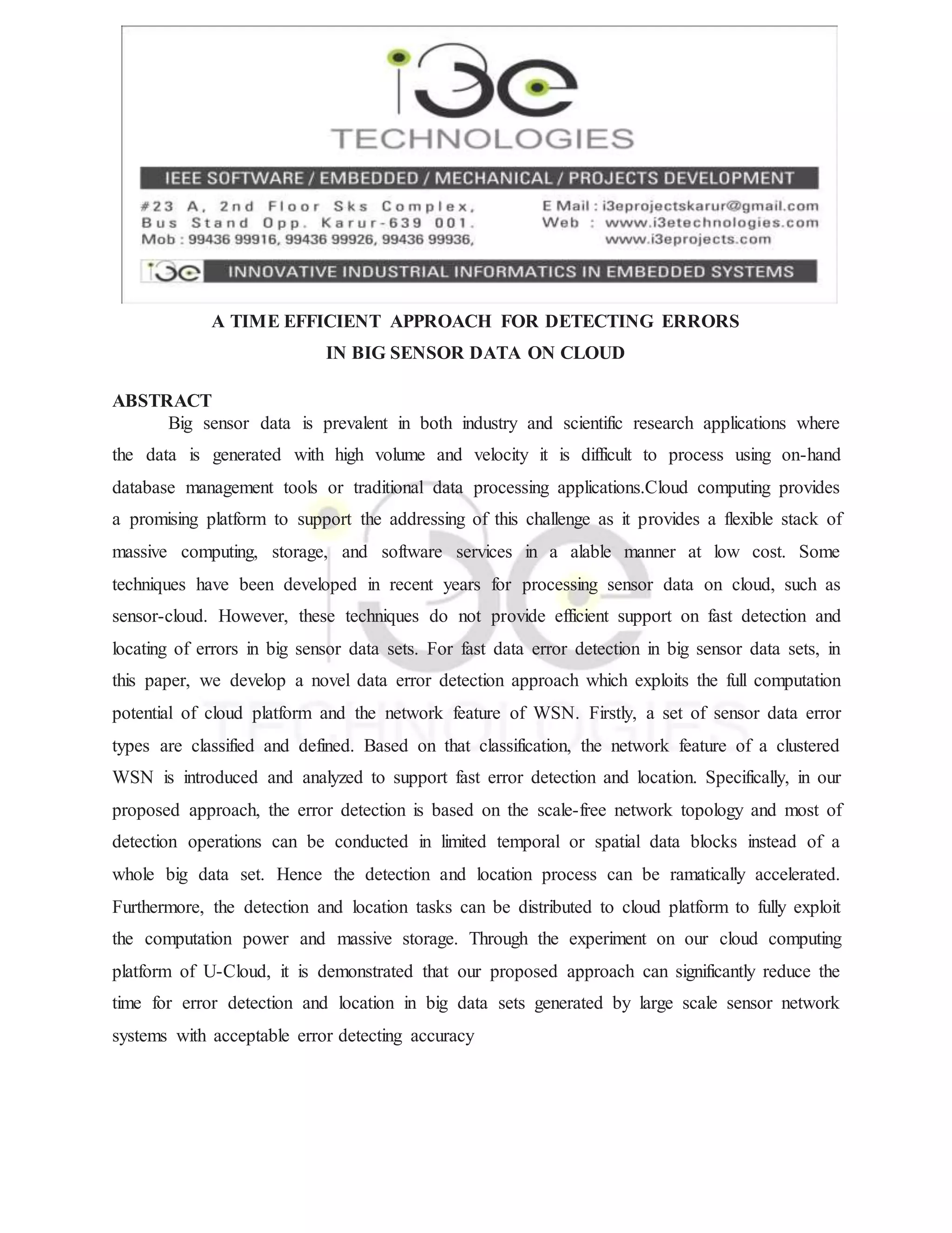 A TIME EFFICIENT APPROACH FOR DETECTING ERRORS IN BIG SENSOR DATA ON ...