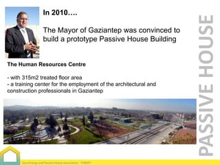 The Mayor of Gaziantep was convinced to
build a prototype Passive House Building

The Human Resources Centre
- with 315m2 treated floor area
- a training center for the employment of the architectural and
construction professionals in Gaziantep

Zero Energy and Passive House Association - TURKEY

PASSIVE HOUSE

In 2010….

 