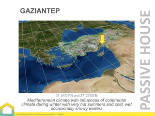 37 04'01"N and 37 23'00”E

Mediterranean climate with influences of continental
climate during winter with very hot summers and cold, wet
occasionally snowy winters
Zero Energy and Passive House Association - TURKEY

PASSIVE HOUSE

GAZIANTEP

 