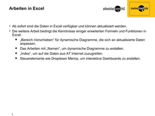 Arbeiten in Excel



• Ab sofort sind die Daten in Excel verfügbar und können aktualisiert werden.
• Die weitere Arbeit bedingt die Kenntnisse einiger erweiterten Formeln und Funktionen in
  Excel:
     „Bereich.Verschieben“ für dynamische Diagramme, die sich an aktualisierte Daten
       anpassen.
     Das Arbeiten mit „Namen“, um dynamische Diagramme zu erstellen.

     „Index“, um auf die Daten aus AT Internet zuzugreifen.

     Steuerelemente wie Dropdown Menüs, um interaktive Dashboards zu erstellen.




 8
 
