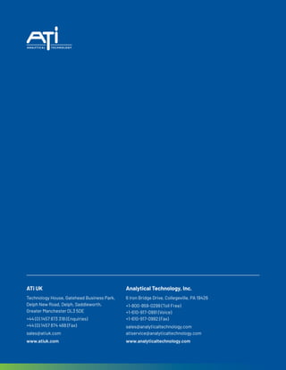 22
ATi UK
Technology House, Gatehead Business Park,
Delph New Road, Delph, Saddleworth,
Greater Manchester OL3 5DE
+44 (0) 1457 873 318 (Enquiries)
+44 (0) 1457 874 468 (Fax)
sales@atiuk.com
www.atiuk.com
Analytical Technology, Inc.
6 Iron Bridge Drive, Collegeville, PA 19426
+1-800-959-0299 (Toll Free)
+1-610-917-0991 (Voice)
+1-610-917-0992 (Fax)
sales@analyticaltechnology.com
atiservice@analyticaltechnology.com
www.analyticaltechnology.com
 