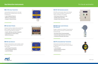 16 17
Gas Detection Instruments For the air we breathe
B12 2-Wire Gas Transmitter
Loop-powered transmitters for toxic gas
detection with multiple sensor mounting
configurations.
• Loop or Battery Powered
• NEMA 4X or XP Enclosure
• Integral or Remote Sensor
C21 DRI-GAS Sampling System
DRI-GAS removes water vapour from the gas
stream using a cold plate to condense the
vapour and deliver a dry sample.
• Inlet Vacuum Draw up to 10” Hg
• Variable Outlet Flow Rate
• Sample Stream Obstruction Alarm
B14 Gas Alarm Module
Compact receiver modules that provide local
alarm, display, and signal retransmission
functions for gas detection systems.
• Caution, Warning, and Alarm Setpoints
• LED Indicators for Alarm Status
• NEMA 4X Enclosure
E12-15 IR High Level Ammonia
Gas Detector
Rugged, reliable and intelligent IR gas detector
used to monitor from ppm to explosive levels
of ammonia gas.
• No Known Sensor Poisoning Agents
• Ammonia Upper Detection Limit of 15%
• Continuous Automatic Self-Check
B12 Wet Gas Detector
Reliable measurement in wet scrubber outlets
of other gas streams that are saturated with
water vapour.
• Loop-Powered Transmitter
• Corrosion Resistant Sensor
• Local LCD Display
C12-17 Combustible Gas Transmitter
Stand-alone transmitter for detecting LEL
of explosive gases and vapors using a catalytic
bead sensor.
• 4-20 mA Output
• Optional Display and Alarm
• 316 SS Enclosure
atiuk.com
 