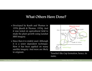 What Others Have Done?
 Developed by Kauth and Thomas in
1976 (Kauth & Thomas, 1976). And
it was tested on agricultural field to
study the plant growth using Landsat
MSS imagery.
 Since then it is widely used. Although
it is a senor dependent technique.
Now it has been applied on many
satellite imagery. And more are likely
to originate.
Tuesday, May 10, 2016Center of Earth and Environmental Sciences, University of the Punjab 6
Tasseled-like Cap formation, hence, its
name.
Maturity Level
Initial Stage
Old Age
 