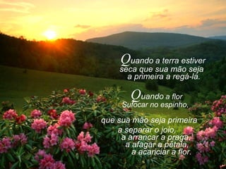 Quando a terra estiver
seca que sua mão seja
a primeira a regá-la.
Quando a flor
Sufocar no espinho,
que sua mão seja primeira
a separar o joio,
a arrancar a praga,
a afagar a pétala,
a acariciar a flor.
 