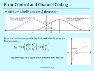 Error Control and Channel Coding
Maximum Likelihood (ML) detector:

Detection mechanism uses the log-likelihood ratio, for detection
filter output rrec:

 p ( r | S1 ) 
 p1 
= log 
LML = log  
 p (r | S ) 

0 
 p0 


Log-likelihood ratio sign is most probable hard decision

10/30/2013

© John Reyland, PhD

 