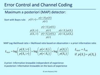 Error Control and Channel Coding
Maximum a posteriori (MAP) detector:
Start with Bayes rule:

p(S | r) =

p (r | S ) p (S )
p (r )

p ( S1 | r )
=
p ( S0 | r )

p ( r | S1 ) p ( S1 )
p (r )
p ( r | S1 ) p ( S1 )
=
p ( r | S0 ) p ( S0 ) p ( r | S0 ) p ( S0 )
p (r )

MAP Log-likelihood ratio = likelihood ratio based on observation + a priori information ratio

LMAP

 p ( S1 | r ) 
 p ( r | S1 ) 
 p ( S1 ) 
log 
= log 
 p(S | r) 

 p ( r | S )  + log  p ( S ) 



0
0 
0 





A priori: Information knowable independent of experience
A posteriori: Information knowable on the basis of experience
10/30/2013

© John Reyland, PhD

LMAP = LML

if p ( S1 ) = p ( S0 )

 