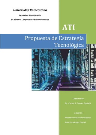 -316460-316991Universidad VeracruzanaFacultad de AdministraciónLic. Sistemas Computacionales Administrativos00Universidad VeracruzanaFacultad de AdministraciónLic. Sistemas Computacionales Administrativosleft25000Propuesta de Estrategia Tecnológica  900007300Propuesta de Estrategia Tecnológica  righttopATI40000100000ATI39540896423786Catedrático:Dr. Carlos A. Torres GastelúEquipo 5Moreno Coatzozón GustavoRuiz Fernández Daniel0Catedrático:Dr. Carlos A. Torres GastelúEquipo 5Moreno Coatzozón GustavoRuiz Fernández Danielrightcenter0<br />Contenido TOC  quot;
1-3quot;
    PLAN ESTRATÉGICO PAGEREF _Toc273470970  2Estado actual de la empresa PAGEREF _Toc273470971  2Misión PAGEREF _Toc273470972  2Ideal PAGEREF _Toc273470973  2Visión PAGEREF _Toc273470974  2Objetivos PAGEREF _Toc273470975  2Metas PAGEREF _Toc273470976  3Procesos PAGEREF _Toc273470977  3Entradas PAGEREF _Toc273470978  3Salidas PAGEREF _Toc273470979  3Análisis FODA PAGEREF _Toc273470980  3Medio ambiente PAGEREF _Toc273470981  4Mercado PAGEREF _Toc273470982  4Competencia PAGEREF _Toc273470983  4Principales supuestos PAGEREF _Toc273470984  4PLAN ESTRATÉGICO TECNOLÓGICO PAGEREF _Toc273470985  5Declaración de las expectativas respecto a la tecnología PAGEREF _Toc273470986  5Objetivos relacionados con la tecnología PAGEREF _Toc273470987  5Metas PAGEREF _Toc273470988  5Perfil tecnológico existente (Auditoría tecnológica) PAGEREF _Toc273470989  5Necesidades tecnológicas PAGEREF _Toc273470990  5Programa de instrumentación PAGEREF _Toc273470991  5Definición de responsabilidades PAGEREF _Toc273470992  5Mecanismos de revisión y seguimiento PAGEREF _Toc273470993  5Análisis interno PAGEREF _Toc273470994  5Análisis externo PAGEREF _Toc273470995  6Análisis de factibilidad PAGEREF _Toc273470996  6Estrategia de diferenciación  e integración PAGEREF _Toc273470997  7<br />PLAN ESTRATÉGICO<br />1391759-3447SISC   Net0SISC   Net<br />Estado actual de la empresa<br />Sisconet es una PyME que apenas está entrando al mercado de las empresas dedicadas al outsourcing. Brinda soluciones integrales en Redes Convergentes, Cableado Estructurado, Consultoría, Soporte Técnico, Material Para Redes, así mismo brinda capacitación y asesoría, dentro del área de las TIC´s (Tecnologías de la Información y Comunicación). <br />Debido a que esta pequeña empresa es nueva en el mercado posee grandes desventajas sobre las demás empresas dentro de su ramo, he aquí algunas de esas desventajas:<br />Pocos clientes, debido a que apenas se está dando a conocer.<br />No posee una Página Web para ofrecer sus servicios.<br />Posee grandes activos tecnológicos pero no lleva un control adecuado de los mismos.<br />Falta de estrategias para optimizar el uso de la tecnología que tiene.<br />Tiene instalaciones pequeñas y debido a que vende artículos del área de redes, no los puede tener físicamente en las instalaciones para que los muestren cuando tengan alguna asesoría con el cliente.<br />Misión<br />Proveer a nuestros clientes nuestros servicios sobre tecnología, accesorios, apoyo técnico y capacitación, a precios justos y con la mejor calidad.<br />Ideal<br />Posicionarnos como la empresa líder en el mercado e innovar continuamente a fin de incrementar nuestros clientes.<br />Visión <br />Ser su principal Proveedor de Tecnología y Apoyo Técnico.<br />Objetivos <br />Brindar un servicio de la más alta calidad.<br />Ofrecer soluciones innovadoras para las empresas que soliciten nuestros servicios.<br />Optimizar al máximo los recursos que posee la empresa.<br />Comercializar productos que estén a la vanguardia en el mercado de redes.<br />Adquirir posicionamiento en el mercado.<br />Metas <br />Dar a nuestros clientes precios accesibles.<br />Buscar tecnologías emergentes para que la empresa tenga tecnología de vanguardia.<br />Preparar al personal para que esté capacitado a la hora de realizar las asesorías.<br />Incrementar el número de clientes.<br />Ganar posicionamiento en el mercado.<br />Procesos <br />Los principales procesos que se realizan en Sisconet son los siguientes:<br />Consultorías<br />Cotizaciones de productos<br />Ventas <br />Capacitaciones <br />Entradas<br />Realizar las cotizaciones que requieran los clientes<br />Consultorías<br />Equipo tecnológico <br />Computadoras <br />Diseño de topologías para redes<br />Equipo de instalación<br />Compra de artículos <br />Salidas<br />Servicios al  cliente<br />Venta de artículos <br />Instalaciones <br />Análisis FODA<br />FuerzasDebilidadesEmpresa Competencia Posee conocimientos y tecnología. Existe un número significativo de  competidores.Su principal razón de ser es la innovación.Puede ser que las competidores ofrezcan un precio menos elevado.<br /> <br />Oportunidades Amenazas Mercado Entorno Existen muchas empresas que recurren al outsourcing.Los costos de la tecnología emergente suelen ser muy elevados.Alta recuperación de la inversión de TI.Pocos clientes, debido a que está iniciando.<br />Medio ambiente<br />FactorOportunidadRiesgoPolíticoNuevos convenios acerca ISSM poder reducir la tarifa y mejorar el servicio que reciben nuestros empleados en caso de accidenteEstablecimiento de alguna normatividad fuera de lugar para el desempeño laboral de la organizaciónEconómicoQue las condiciones económicas sean buenas y haya una recuperación de la economía que traiga consigo la implementación de nuestra tecnología y servicios directo al cliente y de forma rápida y concisa.-El grado de desarrollo alcanzado en las comunicaciones, servicios y medios de distribución en una determinada región, puede facilitar o interferir las actividades empresariales que aumentan o disminuyen costos.-Impuestos-Grado de industrializaciónSocialLa sociedad tienen a realizar todo por medios electrónicos por lo cual las empresas tienden a seguir este paradigma y tratan de estar los más altamente capacitados para prestar servicios en todas dependencias a través de un servicio de red confiable.La sociedad empresarial tienda a monopolizar el mercado por juzgar solo los aspectos poco relevantes al nicho de mercado.DemográficoEsto es un factor muy importante ya que hasta el momento no contamos con página web nuestra publicidad el local por lo cual nuestro entorno demográfico muestra nuestros clientes a los que nos debemos enfocar.La ubicación nos perjudique en los accesos a nuestra empresa que sean algo complicado llegar a ella o que no esté en una ubicación conocida por lo cual los clientes deciden no hacer contratos con nosotros. Normativo-Se pueden comprar o adquirir patentes de la tecnología-Costo elevado de algunas patentes.<br />Mercado <br />Nuestro mercado principal son las empresas que necesitan servicios o soporte sobre el área de redes.<br />Competencia <br />Considerando que estamos en crecimiento y que actualmente existen organizaciones que intenta monopolizar el mercado.  Nuestra competencia directa existe y son todas estas organizaciones con un grado de alta experiencia en este mismo entono y que son fuertes en base a que su capital, ya que les propicia una obtención muy rápida de la más actual tecnología y protocolos. Ya que objetivo de las organizaciones que aquí se encuentran es tener lo mejor y actual que exista  para proporcionar a los clientes servicios y productos de excelente calidad <br />Principales supuestos<br />Se puede considerar una futura aparición de más organizaciones similares ya que el mercado tiende a crecer considerablemente puesto que la tecnología se vuelve parte importante para el crecimiento y fortalecimiento de distintas organizaciones y con esto la implementación de redes y software así como la capacitación para el manejo de esta, tendrá una demanda creciente por lo cual tratamos de ser una empresa altamente competente en este mercado.<br />PLAN ESTRATÉGICO TECNOLÓGICO <br />Declaración de las expectativas respecto a la tecnología<br />La empresa Sisconet tiene una estrecha relación con el manejo de las TIC´s (Tecnologías de la Información y Comunicación) por lo que hay grandes expectativas para la transferencia y adquisición de tecnología emergente en el mercado, todo esto ligado al cumplimiento de los objetivos organizacionales y al requerimiento de dicha tecnología, siempre y cuando sea necesaria implementarla.<br />Objetivos relacionados con la tecnología<br />Objetivo general:<br />Desarrollar una estrategia que permita posicionar a la empresa como la líder en el mercado haciendo uso de la tecnología que posee.<br />Objetivos específicos:<br />Desarrollar un Página Web para dar publicidad a la empresa.<br />Crear un catálogo virtual de los productos (artículos de para redes) que vende la empresa.<br />Diseñar el portafolio tecnológico para llevar un control de los activos tecnológicos que tiene la empresa.<br />Implementar una Intranet para que los empleados aporten ideas innovadoras, y una Extranet para tener una mejor comunicación tanto con los clientes como con los proveedores de los productos de red.<br />Metas <br />Establecer un servicio y productos de calidad que nos distingan en el mercado <br />Distinción por servicios post-venta<br />Establecer una nueva forma de hacer negocio mediante la tecnología <br />Buscar tecnologías emergentes para que la empresa tenga tecnología de vanguardia.<br />Incrementar el número de clientes<br />Perfil tecnológico existente (Auditoría tecnológica) <br />Ya que Sisconet es una empresa relativamente nueva en el mercado, cuenta con un inventario tecnológico mínimo o pequeño, sólo cuenta con la tecnología básica  dentro del ámbito administrativo de la empresa y para dar soporte a los clientes.<br />Cuenta con lo siguiente:<br />3 computadoras Mac<br />1 línea de teléfono<br />Software <br />Proyectos de migración de tecnología <br />Necesidades tecnológicas <br />Se planea implementar un intranet y extranet en nuestra empresa para agilizar nuestros procesos, así como la creación de una página web la cual estar hospedada en un servidor que procederemos a rentar.<br />Programa de instrumentación <br />Todo esto se planea llevar a cabo junto con las actividades diarias aunque implique el uso de la nueva y antigua plataforma de trabajo <br />Definición de responsabilidades<br />Hay un comité que será el responsable de que se vayan cubriendo todos los objetivos  de la estrategia propuesta, así como los empleados que se encuentren involucrados con el uso de la tecnología. <br />Análisis interno <br />Beneficios para la empresa:<br />Con la implementación de la página Web se dará a conocer la imagen de la empresa y con ello se estará atrayendo a más clientes.<br />Debido a que la empresa tiene instalaciones pequeñas, con el desarrollo del catalogo virtual de los productos que ofrece, podrá mostrar a los clientes que lo soliciten sus productos mediante este catálogo.<br />Con el portafolio tecnológico tendrá un mayor control sobre las tecnologías que tiene, las que puede llegar a adquirir, darle el uso adecuado, y además de desarrollar nuevos proyectos.<br />Mediante la creación de la intranet, la empresa está generando una cultura para que sus empleados aporten ideas innovadoras, para así poder llevar a cabo nuevos proyectos tecnológicos.<br />Con la extranet se establecerá una comunicación más estable con los clientes y además con los proveedores.<br />Generar ventajas competitivas y con ello dejar a tras a la competencia, y posicionarse como la empresa líder en el mercado.<br />Reducción de costos de operación, por lo que los precios podrían ser un poco bajos o mantener los de la competencia.<br />Análisis externo<br />Principales amenazas en el mercado para la empresa:<br />En el mercado existen pocas empresas que se ubiquen el mismo ramo, por lo que hay poca competencia.<br />Las empresas suelen tener precios más elevados, por lo que se pueden ofrecer precios que se mantengan iguales pero darle a los clientes un valor agregado; con ello poco a poco se ira ganando más clientes.<br />Existen muchas empresas que se pueden convertir en clientes potenciales para la empresa.<br />Se pueden realizar nuevas cotizaciones con nuevos proveedores.<br />Análisis de factibilidad <br />Económica:<br />Los costos se centrarían en el diseño de la página Web y en el catálogo virtual.<br />Sobre el hospedaje de la página Web esto significaría una reducción de costos puesto que la empresa tendría su propio host.<br />La adquisición de dominio oscila alrededor de $120.00 anuales.<br />Operativa: <br />Para los empleados les será más fácil acceder al catálogo virtual y mostrarle a los clientes los productos que se utilizarían para las instalaciones que se vayan a realizar o dependiendo del servicio que se vaya a contratar.<br />Mediante la extranet, el nivel directivo tendrá una retroalimentación de los clientes y en base a ello le será más fácil tomar decisiones y hacer nuevas modificaciones.<br />Los empleados tendrán un portal (intranet) donde podrán realizar aportaciones, sugerencias, e ideas que sean  innovadoras para así ir fomentando una cultura de innovación dentro de la empresa y con ello estar en constante cambio e ir adoptándose a los cambios tecnológicos.<br />Técnica:<br />la capacitacion que recibirán los empleados para el manejo de las nuevas tecnologías que les servirá para .<br />Software requerido<br />Windows server <br />LAN virtuales<br />Oracle para base de datos<br />Hardware requerido<br />Modem  56KBPs<br />Computadoras <br />Procesadores Intel core duo<br />Routers <br />NOTA: Partes del hardware requerido la empresa los posee.<br />Estrategia de diferenciación  e integración<br />En la empresa se implementará una estrategia de diferenciación para mantener una ventaja competitiva diferente a la competencia.<br />Productos y servicios diferenciados.<br />Calidad diferenciada al ofrecer el servicio a los clientes.<br />Valor agregado<br />Especialización del servicio que se ofrecerá a los clientes.<br />Reingeniería de los procesos para mejorar la calidad del servicio que se ofrece.<br />Seguimiento a los clientes después de haber recibido el servicio (post-venta).<br />Complementando la estrategia de diferenciación se implementara una estrategia de integración vertical que comprenda el monitoreo tanto a los clientes, proveedores y competencia.<br />SOLICITUD PARA UN TRABAJO EN SISTEMASPARTE 1 (Solicitante)FECHA DE SOLICITUD: 26/SEP/2010PRESENTADA POR:   XXXXXXXXX             SOLICITUD DE:  Modificación del sistemaRediseño del sistema Nuevo sistemaAlta gerencia DepartamentoNATURALEZA DE LA SOLICITUD: Desarrollar un catálogo virtual para mostrar los productos que se le pueden ofrecer a los clientes para agilizar el proceso de consultoría al interactuar con el cliente.RAZONES DE LA SOLICITUD: El proceso para decirle a los clientes que tipo de materiales o de que marca lo requiere se vuelve un poco muy tedioso y tardado. Y en se deben minimizar los tiempos de consultoría.ANEXO DE DOCUMENTOS DE APOYO: PARTE 2 (para ser llenada por el CIO o un analista en sistemas)LAS MODIFICACIONES PARECEN SER:  MENORES         MAYORES      EXTENSASLA IMPLEMENTACIÓN PUEDE REQUERIR CANTIDAD ADICIONAL DE:     SOFTWARE                   HARDWARE                      PERSONALLOS RECURSOS REQUERIDOS SERIAN:      MENORES          MAYORES          EXTENSASCALIFICACIÓN DE LOS FACTORES DE FACTIBILIDAD: T 9 E 9 L 9 O 9 S 9   CAL. 9INVESTIGACIÓN PRELIMINAR DESARROLLADA POR: XXXXXXXID DEL PROYECTO           A                             28/SEP/2010PARTE 3 (para ser llenada por el comité de planeación de sistemas)CALIFICACIÓN DE LOS FACTORES ESTRATEGICOS: P 9 D 9 M 8    CAL. 8.9PRIORIDAD ASIGNADA:        AltaAPROBACIÓN DE INICIO DEL TRABAJO EN SISTEMAS  FECHA DE INICIO: 10/OCT/2010APROBACIÓN TENTATIVA DEPENDIENTE DE ANALISIS POSTERIORESRECHAZADA<br />