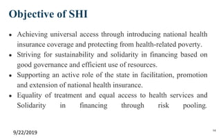 Objective of SHI
● Achieving universal access through introducing national health
insurance coverage and protecting from health-related poverty.
● Striving for sustainability and solidarity in financing based on
good governance and efficient use of resources.
● Supporting an active role of the state in facilitation, promotion
and extension of national health insurance.
● Equality of treatment and equal access to health services and
Solidarity in financing through risk pooling.
9/22/2019 14
 