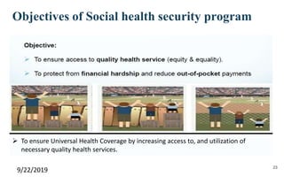Objectives of Social health security program
9/22/2019 23
 To ensure Universal Health Coverage by increasing access to, and utilization of
necessary quality health services.
 