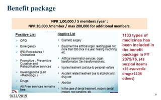 Benefit package
9/22/2019 31
NPR 1,00,000 / 5 members /year ;
NPR 20,000 /member / max 200,000 for additional members.
1133 types of
medicines has
been included in
the benefit
package in FY
2075/76. (43
surgical iteams
+25 ayurvedic
drugs+1108
others)
 
