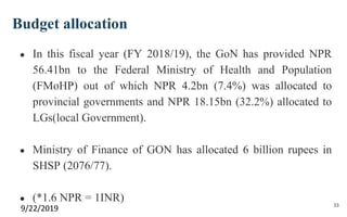 Budget allocation
● In this fiscal year (FY 2018/19), the GoN has provided NPR
56.41bn to the Federal Ministry of Health and Population
(FMoHP) out of which NPR 4.2bn (7.4%) was allocated to
provincial governments and NPR 18.15bn (32.2%) allocated to
LGs(local Government).
● Ministry of Finance of GON has allocated 6 billion rupees in
SHSP (2076/77).
● (*1.6 NPR = 1INR)
9/22/2019 33
 
