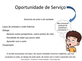 Oportunidade de Serviço
Exercício do amor e da caridade
Laços de amizade e união fraternal
Diálogo
Apreciar outras perspectivas, outros pontos de vista
Humildade de saber que pouco sabe
Aprender com o outro
Cooperação
Meu processo
pessoal de
autodesen-
volvimento ?
A reunião de pessoas cria laços, faz nascer amizades sinceras e legitimas, que nos
conduzem à união, ao desejo de estar perto, de somar com o outro e aprender com ele.
Centro Espírita – Tendências e Tendenciosidades – Cezar Braga Said
 