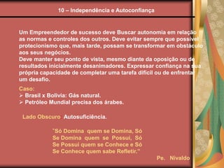 10 – Independência e Autoconfiança
Um Empreendedor de sucesso deve Buscar autonomia em relação
as normas e controles dos outros. Deve evitar sempre que possível
protecionismo que, mais tarde, possam se transformar em obstáculo
aos seus negócios.
Deve manter seu ponto de vista, mesmo diante da oposição ou de
resultados inicialmente desanimadores. Expressar confiança na sua
própria capacidade de completar uma tarefa difícil ou de enfrentar
um desafio.
“Só Domina quem se Domina, Só
Se Domina quem se Possui, Só
Se Possui quem se Conhece e Só
Se Conhece quem sabe Refletir.”
Pe. Nivaldo
Caso:
 Brasil x Bolivia: Gás natural.
 Petróleo Mundial precisa dos árabes.
Lado Obscuro: Autosuficiência.
 