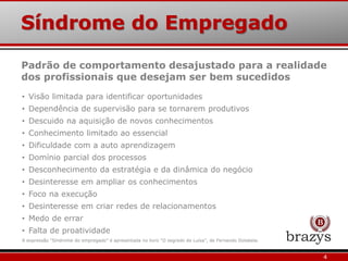 Síndrome do Empregado
4
• Visão limitada para identificar oportunidades
• Dependência de supervisão para se tornarem produtivos
• Descuido na aquisição de novos conhecimentos
• Conhecimento limitado ao essencial
• Dificuldade com a auto aprendizagem
• Domínio parcial dos processos
• Desconhecimento da estratégia e da dinâmica do negócio
• Desinteresse em ampliar os conhecimentos
• Foco na execução
• Desinteresse em criar redes de relacionamentos
• Medo de errar
• Falta de proatividade
A expressão “Síndrome do empregado” é apresentada no livro “O segredo de Luísa”, de Fernando Dolabela.
Padrão de comportamento desajustado para a realidade
dos profissionais que desejam ser bem sucedidos
 