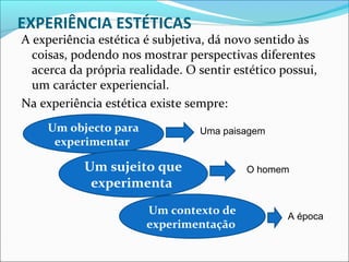 EXPERIÊNCIA ESTÉTICAS
A experiência estética é subjetiva, dá novo sentido às
  coisas, podendo nos mostrar perspectivas diferentes
  acerca da própria realidade. O sentir estético possui,
  um carácter experiencial.
Na experiência estética existe sempre:
     Um objecto para             Uma paisagem
      experimentar

           Um sujeito que                 O homem
            experimenta
                       Um contexto de             A época
                       experimentação
 