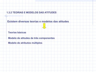 Existem diversas teorias e modelos das atitudes
1.3.2 TEORIAS E MODELOS DAS ATITUDES
.
Teorias básicas
Modelo de atitudes de três componentes
Modelo de atributos múltiplos
 