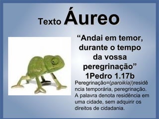 Texto  Áureo “ Andai em temor, durante o tempo da vossa peregrinação” 1Pedro 1.17b Peregrinação=( paroikía) ) residência temporária, peregrinação. A palavra denota residência em uma cidade, sem adquirir os direitos de cidadania. 