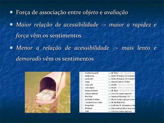 Força de associação entre  objeto  e  avaliação Maior relação de acessibilidade  ->  maior a rapidez e força  vêm os sentimentos Menor a relação de acessibilidade  ->  mais lento e demorado  vêm os sentimentos 