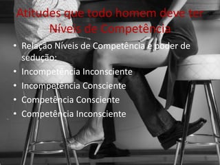 Atitudes que todo homem deve ter
Níveis de Competência
• Relação Níveis de Competência e poder de
sedução:
• Incompetência Inconsciente
• Incompetência Consciente
• Competência Consciente
• Competência Inconsciente
 