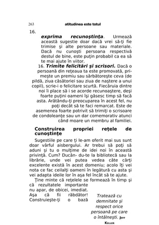 263

atitudinea este totul

16.

exprima

recunoştinţa.
Urmează
această sugestie doar dacă vrei să-ţi fie
trimise şi alte persoane sau materiale.
Dacă nu cunoşti persoana respectivă
destul de bine, este puţin probabil ca ea să
te mai ajute în viitor.
16. Trimite felicitări şi scrisori. Dacă o
persoană din reţeaua ta este promovată, primeşte un premiu sau sărbătoreşte ceva (de
pildă, ziua căsătoriei sau ziua de naştere a unui
copil), scrie-i o felicitare scurtă. Fiecăruia dintre
noi îi place să i se acorde recunoaştere, deşi
foarte puţini oameni îşi găsesc timp să facă
asta. Arătându-ţi preocuparea în acest fel, nu
poţi decât să te faci remarcat. Este de
asemenea foarte potrivit să trimiţi o scrisoare
de condoleanţe sau un dar comemorativ atunci
când moare un membru al familiei.
Construirea
cunoştinţe

propriei

reţele

de

Sugestiile pe care ţi le-am oferit mai sus sunt
doar vârful aisbergului. Ar trebui să poţi să
aduni şi tu o mulţime de idei noi în această
privinţă. Cum? Ducân- du-te la bibliotecă sau la
librărie, unde vei putea vedea câte cărţi
excelente există în acest domeniu; acolo îţi vei
nota ce fac ceilalţi oameni în legătură cu asta şi
vei adapta ideile lor în aşa fel încât să te ajute.
Ţine minte că reţelele se formează în timp şi
că rezultatele importante
nu apar, de obicei, imediat.
Aşa
că
fii
răbdător!
Tratează cu
Construieşte-ţi
o
bază
demnitate şi
respect orice
persoană pe care
o întâlneşti. JEFF
KELLER

 