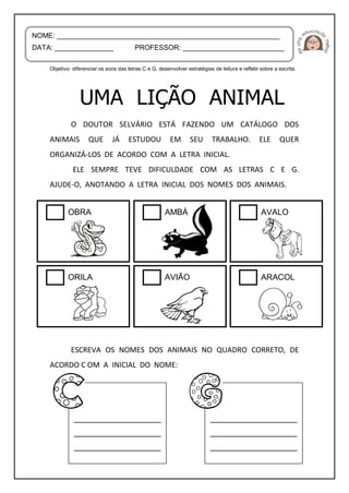 Objetivo: diferenciar os sons das letras C e G, desenvolver estratégias de leitura e refletir sobre a escrita.
O DOUTOR SELVÁRIO ESTÁ FAZENDO UM CATÁLOGO DOS
ANIMAIS QUE JÁ ESTUDOU EM SEU TRABALHO. ELE QUER
ORGANIZÁ-LOS DE ACORDO COM A LETRA INICIAL.
ELE SEMPRE TEVE DIFICULDADE COM AS LETRAS C E G.
AJUDE-O, ANOTANDO A LETRA INICIAL DOS NOMES DOS ANIMAIS.
ESCREVA OS NOMES DOS ANIMAIS NO QUADRO CORRETO, DE
ACORDO C OM A INICIAL DO NOME:
NOME: _________________________________________________________
DATA: _______________ PROFESSOR: __________________________
OBRA AMBÁ AVALO
ORILA AVIÃO ARACOL
___________________
___________________
___________________
___________________
___________________
___________________
 