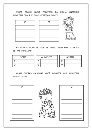 ANOTE ABAIXO QUAIS PALAVRAS DA FOLHA ANTERIOR
COMEÇAM COM F E QUAIS COMEÇAM COM V:
ESCREVA O NOME DO QUE SE PEDE, COMEÇANDO COM AS
LETRAS INDICADAS:
QUAIS OUTRAS PALAVRAS VOCÊ CONHECE QUE COMECEM
COM F OU V?
F V
NOME
F
V
ALIMENTO
F
V
ANIMAL
F
V
F
_________________
_________________
_________________
_________________
_________________
_________________
_________________
_________________
_
V
_________________
_________________
_________________
_________________
_________________
_________________
_________________
_________________
_
 