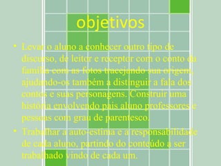 objetivos Levar o aluno a conhecer outro tipo de discurso, de leitor e receptor com o conto da família com as fotos tracejando sua origem, ajudando-os também a distinguir a fala dos contos e suas personagens. Construir uma história envolvendo pais aluno professores e pessoas com grau de parentesco. Trabalhar a auto-estima e a responsabilidade de cada aluno, partindo do conteúdo a ser trabalhado vindo de cada um. 