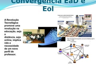 Convergência EaD e
            Eol
A Revolução
Tecnológica
promove uma
revolução na
educação, seja
a
distância, seja
                  http://revistaensinosuperior.uol.com.br/textos.asp?c
online, implica   odigo=11966

ndo a
necessidade
de um novo
perfil de
professor.
 